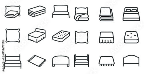 Bedroom furniture outline icons set – linear, line, bed and pillow symbols