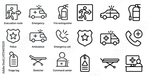 Emergency and safety outline icons set – flat, silhouette, rescue and response graphics