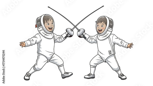 Fencing Match: Two young fencers, clad in protective gear, engage in a dynamic fencing match, their blades crossed in a moment of focused competition.