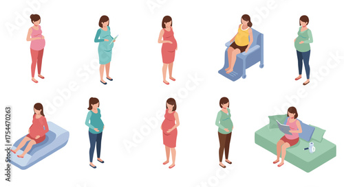 Isometric pregnant women in various everyday activities and poses set