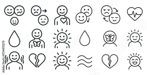 Emotions and wellness icons set – outline, linear, mood and health symbols