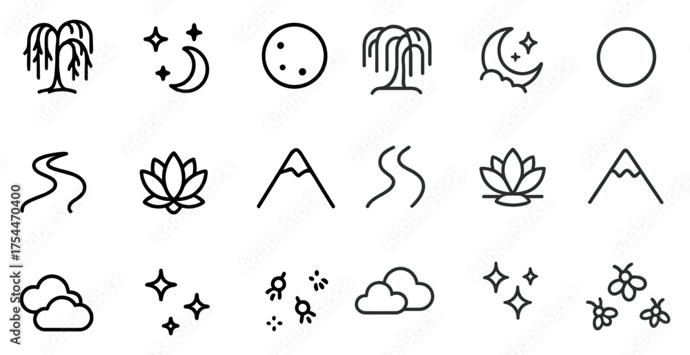 Fototapeta premium Nature and astronomy outline icons set – line, silhouette, celestial and botanical symbols