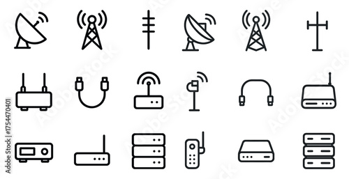 Communication outline icons set – flat, silhouette, connectivity and network symbols