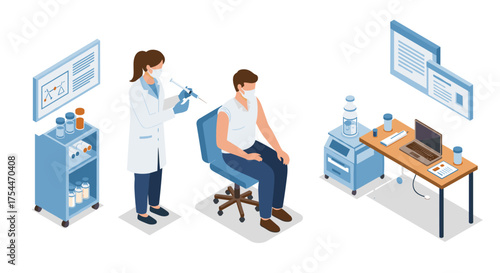Isometric medical scene with vaccination and healthcare technology