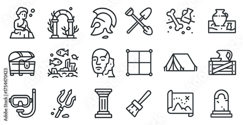 Archaeology outline icons set – linear, historical, excavation symbols
