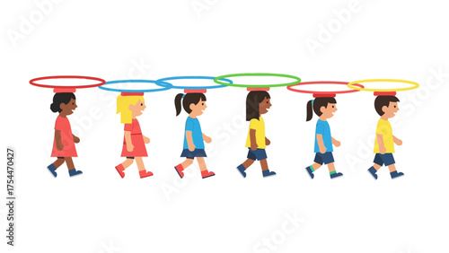 Balance and Harmony: A group of children, each bearing a vibrant circular object on their heads, stride forward in unison, showcasing a harmonious blend of individual effort and collective direction.