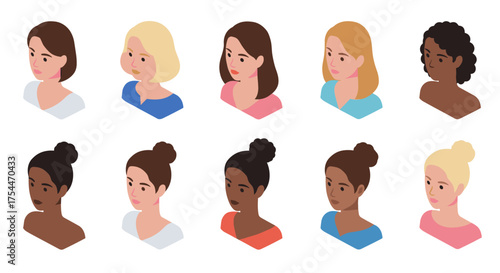 Isometric diverse female hairstyles collection on white background