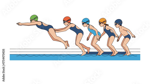 Dive into Action: A dynamic depiction of swimmers poised for a competitive plunge, each ready to cut through the water, symbolizing the thrill of aquatic competition.