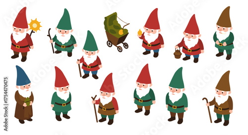 Charming cartoon gnomes with red and green hats in various poses and accessories