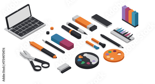 Isometric office supplies and artistic tools collection on white background