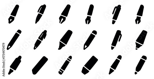 Writing tools silhouette icons set – pen, pencil, stationary graphics collection