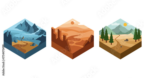 Isometric geometric terrains featuring mountain, desert, and forest landscapes