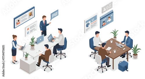 Isometric office collaboration and video conference meeting scenes