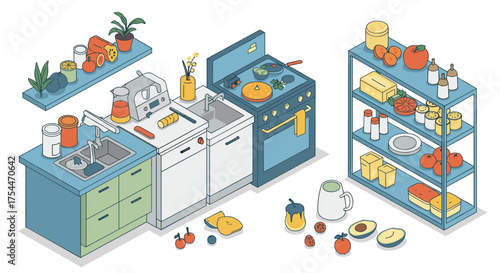 Modern kitchen with appliances and fresh ingredients in isometric style