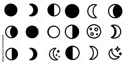 Moon phase solid icons set – silhouette, celestial bodies and lunar cycle symbols