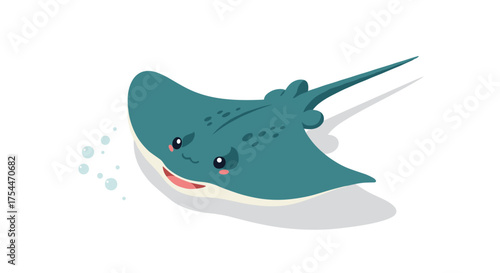 Cute cartoon stingray swimming with bubbles in a minimalist flat design