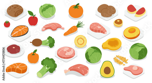 Variety of fresh food ingredients in flat design for healthy eating concepts