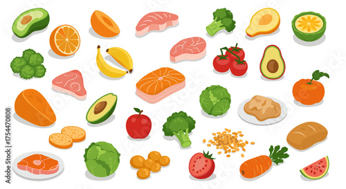 Colorful assortment of fresh and healthy food in modern isometric style