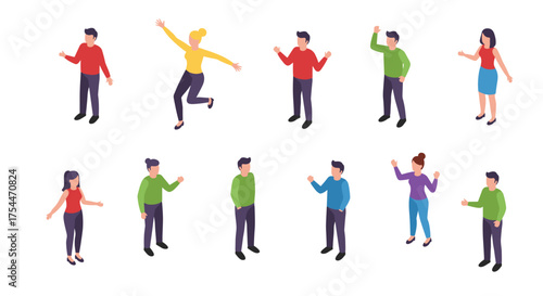 Diverse people in dynamic isometric poses on white background