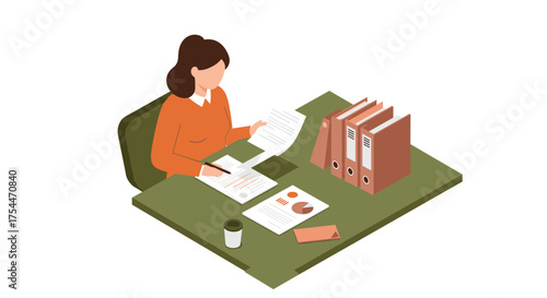 Isometric office scene: businesswoman reviewing documents at desk