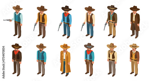 Isometric cowboy characters collection with traditional western outfits and accessories