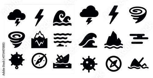 Natural disaster icons set – solid, silhouette, emergency and weather symbols