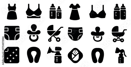Baby essentials solid icons set – filled, infant care, nursery symbols