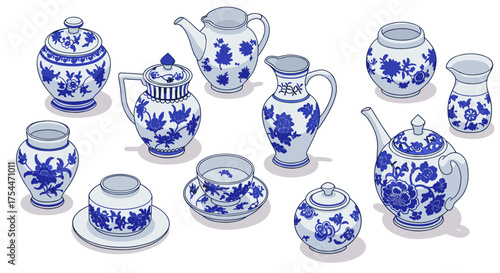 Elegant blue floral porcelain tea set with teapot, pitchers, and cups
