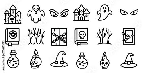 Halloween outline icons set – spooky, eerie, haunted theme graphics