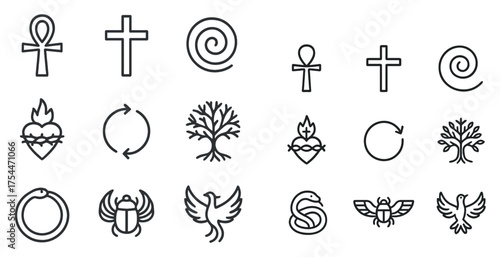 Spiritual and religious outline icons set – silhouette, line, faith and belief symbols
