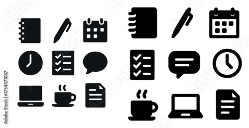 Office and productivity solid icons set – filled, planning, workflow symbols
