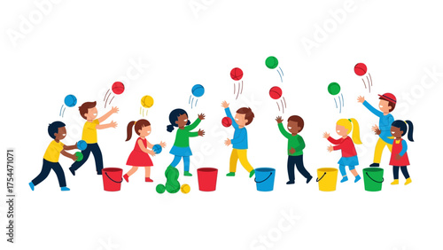 Childhood Ball Game: A vibrant illustration captures the spirit of childhood as a group of diverse children joyfully play with colorful balls and buckets, a celebration of friendship and playfulness.