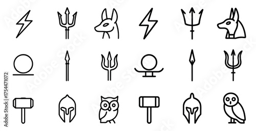 Mythology and history outline icons set – linear, silhouette, ancient symbols