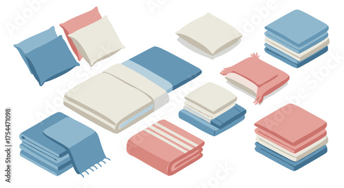 Isometric home textiles: stylish pillows and soft blankets in pastel tones