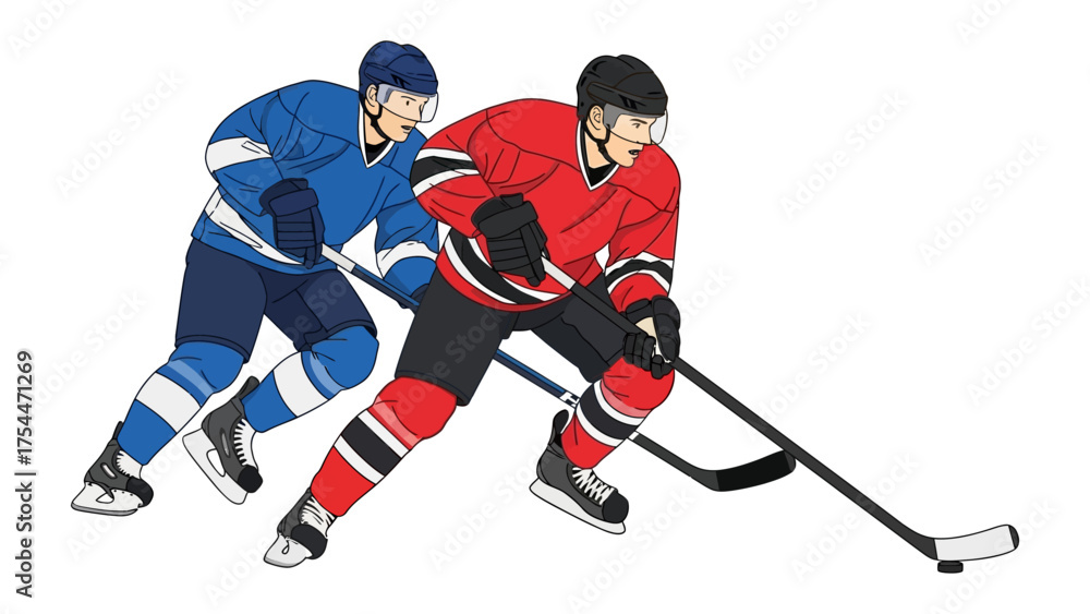 Fototapeta premium Hockey Showdown: Two determined athletes engage in a dynamic ice hockey match, their focus fixed on the game. A perfect embodiment of speed, skill, and sportsmanship. 