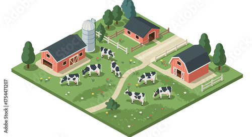 Isometric farm scene with cows and barns in a lush green landscape
