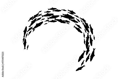 Fish school in the shape of a circle, vector black silhouette isolated on a white background. Abstract sea illustration
