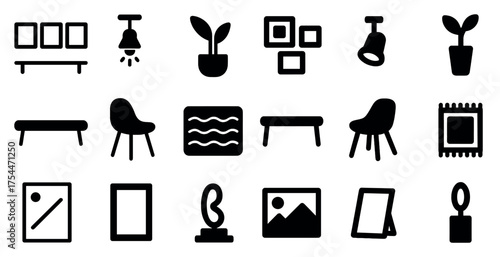 Home decor solid icons set – flat, filled, interior design and furniture symbols