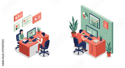 Isometric office scenes: collaborative workspaces and remote solutions