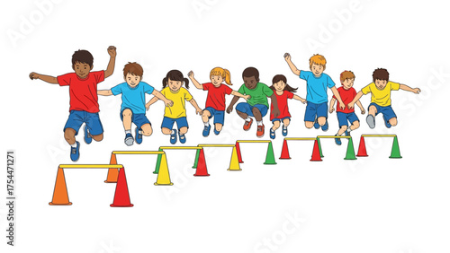 Kids Overcoming Obstacles: A vibrant illustration captures children joyfully leaping over hurdles in a display of physical prowess and unwavering determination.