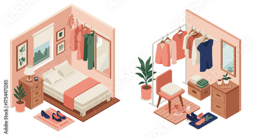 Cozy isometric bedroom and dressing room with elegant decor and soft pastel tones