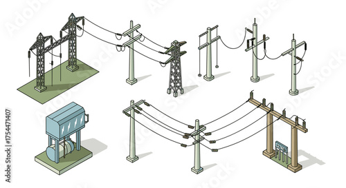 Isometric power lines: collection of electrical infrastructure elements