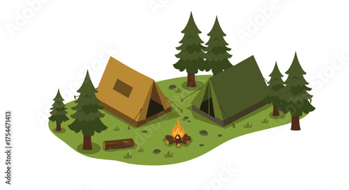 Cozy camping scene with tents and campfire amidst forest pines