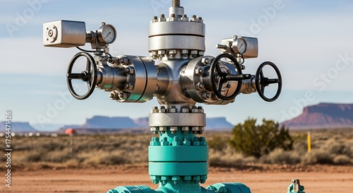 Steel oil well machinery in a desert landscape environment