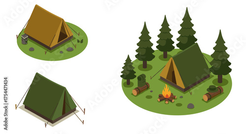 Camping scene with tents and campfire in isometric forest setting