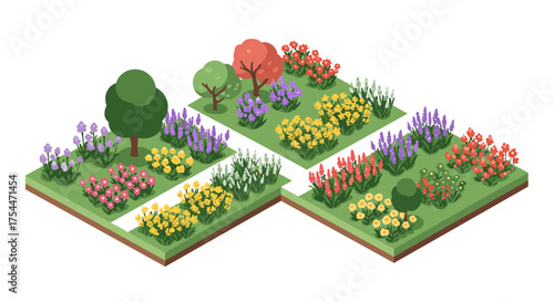 Isometric garden design with colorful flower beds and trees