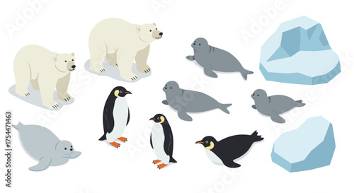 Arctic animals isometric collection: polar bears, seals, penguins, icebergs
