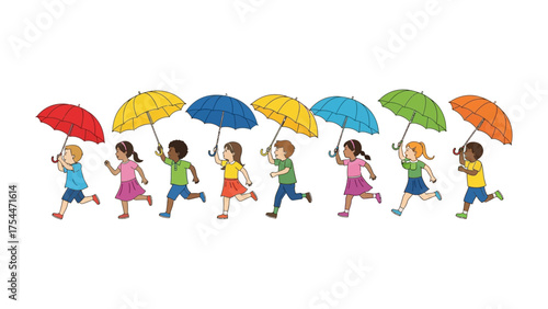 Joyful Rainbow Run: A group of children dash forward under a vibrant spectrum of colorful umbrellas, embodying the spirit of fun, and joy in outdoor adventures.