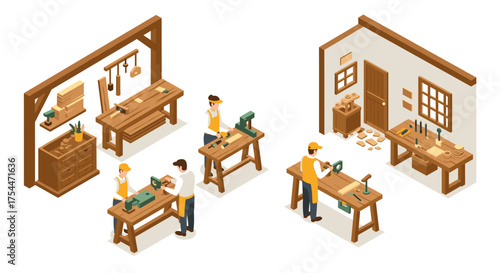 Isometric workshop scene with carpenters crafting wood in traditional workshop setting
