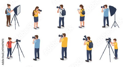 Isometric photographer set with tripod and camera lighting equipment